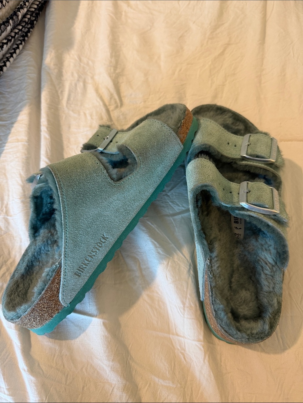 Birkenstock Arizona Suede Shearling Clogs in Seafoam